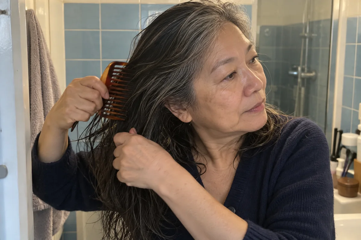Une femme démêle ses cheveux par petites sections