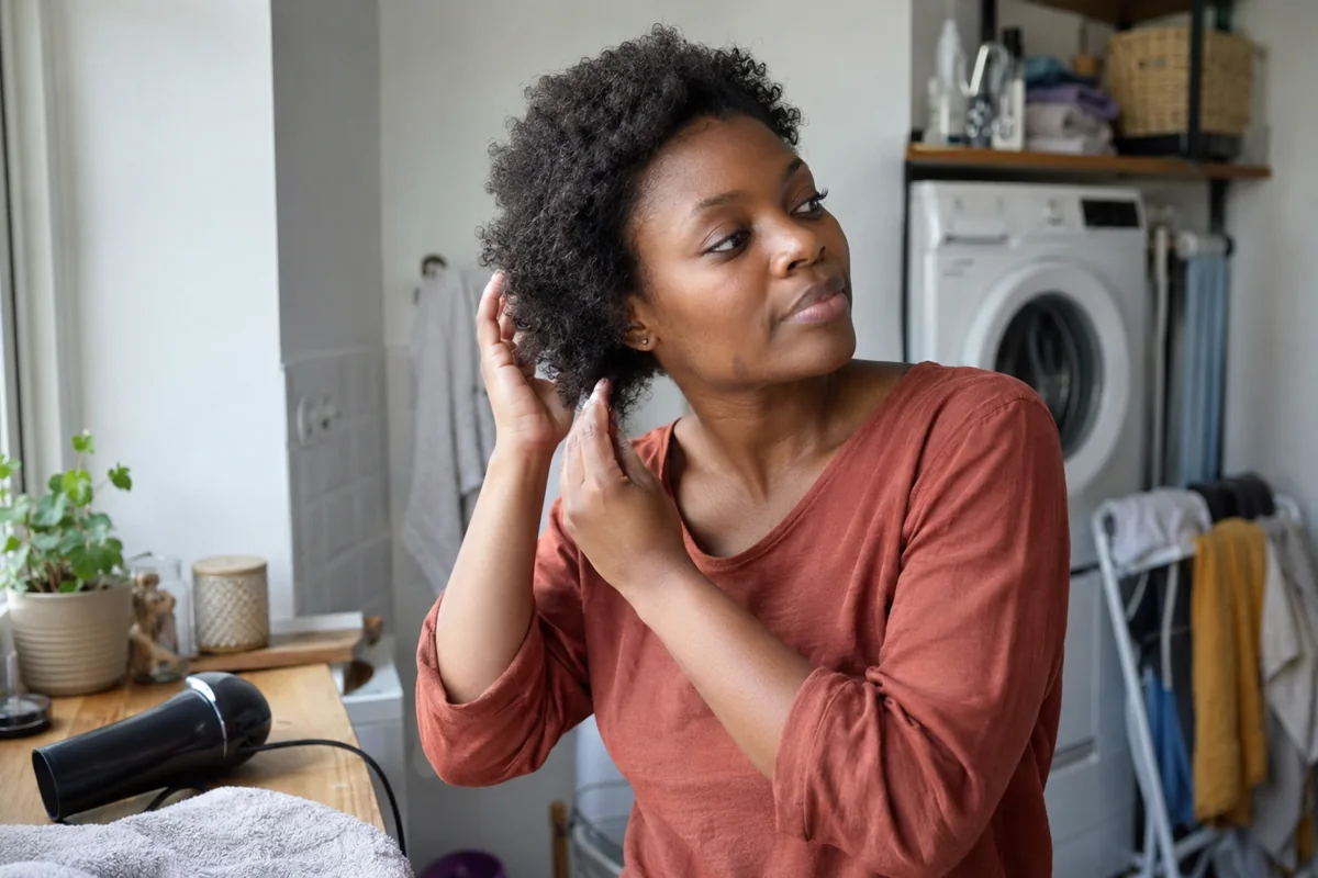 Une femme observe ses cheveux après avoir posé le sèche-cheveux