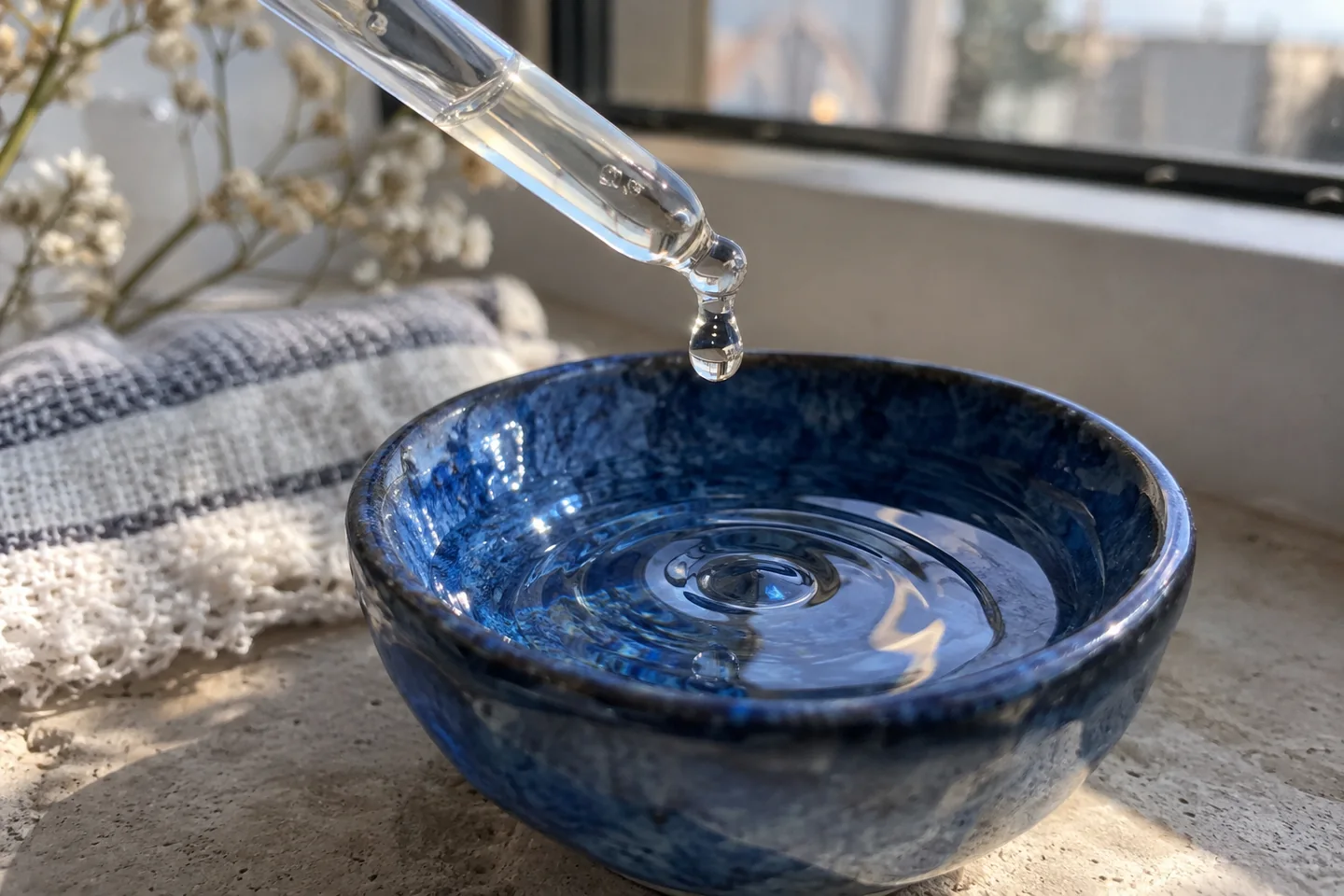 Compte-gouttes sans étiquette et goutte de sérum transparent sur une coupelle en verre