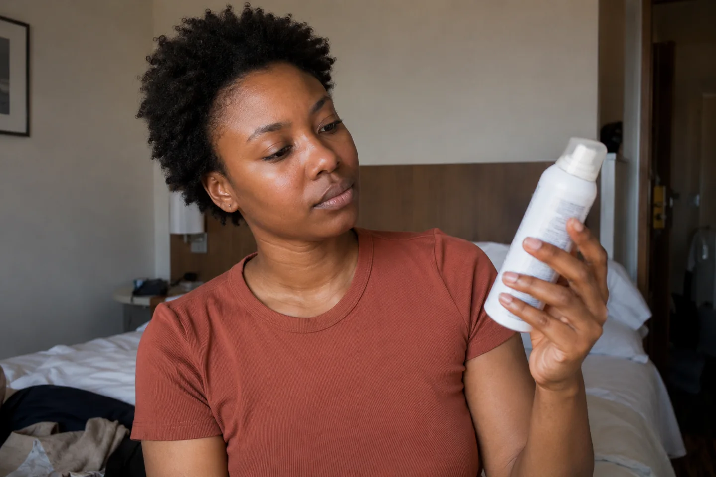 Une femme lit les instructions d’un shampoing sec