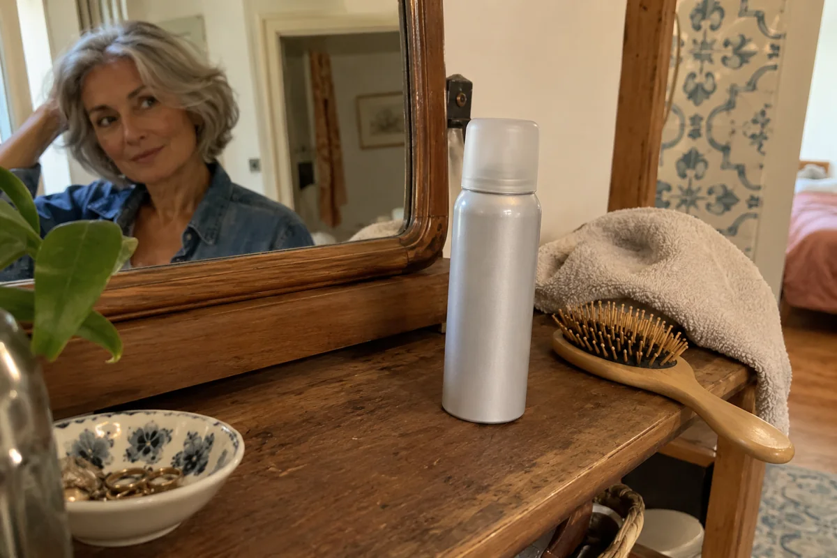 Un shampoing sec fermé à côté d’une brosse