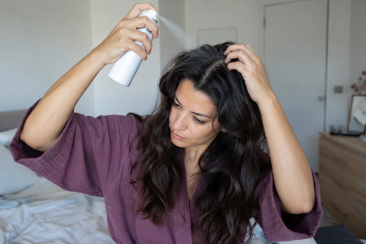 Une femme applique une petite quantité de produit aux racines