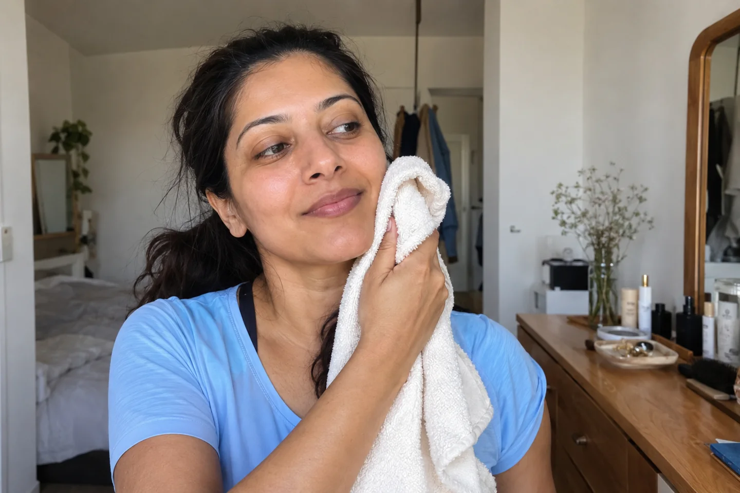 Une femme tamponne son visage avec une serviette propre