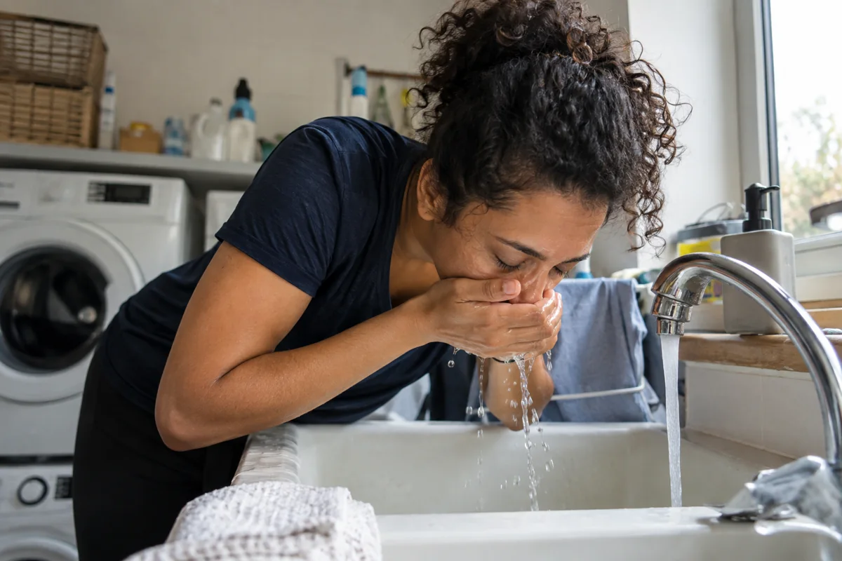 Une femme rince son visage après l’activité
