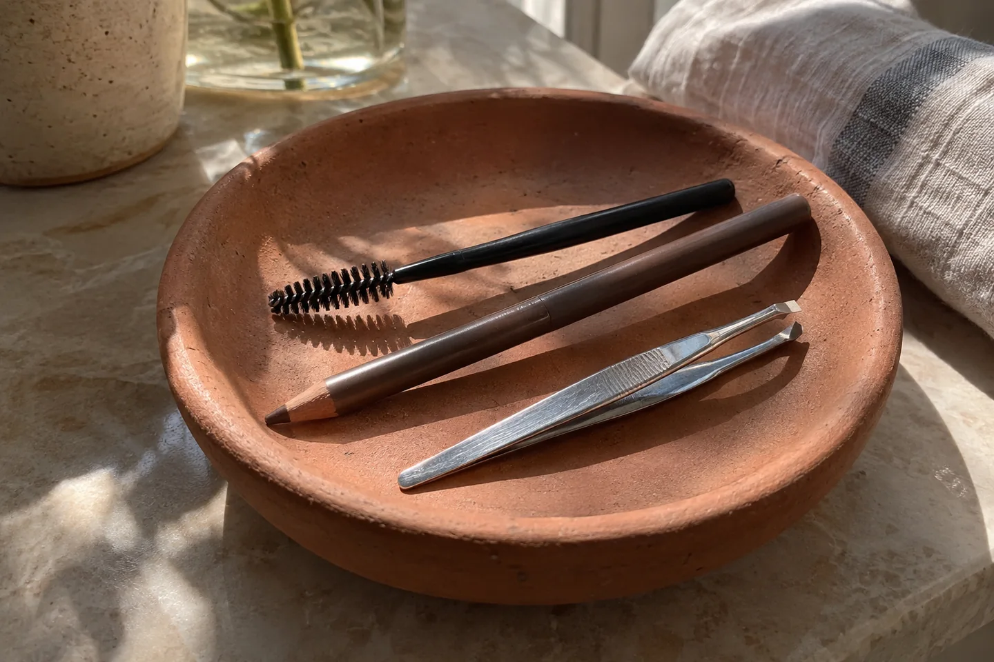 Brosse à sourcils, crayon fin et poudre dans un étui en céramique