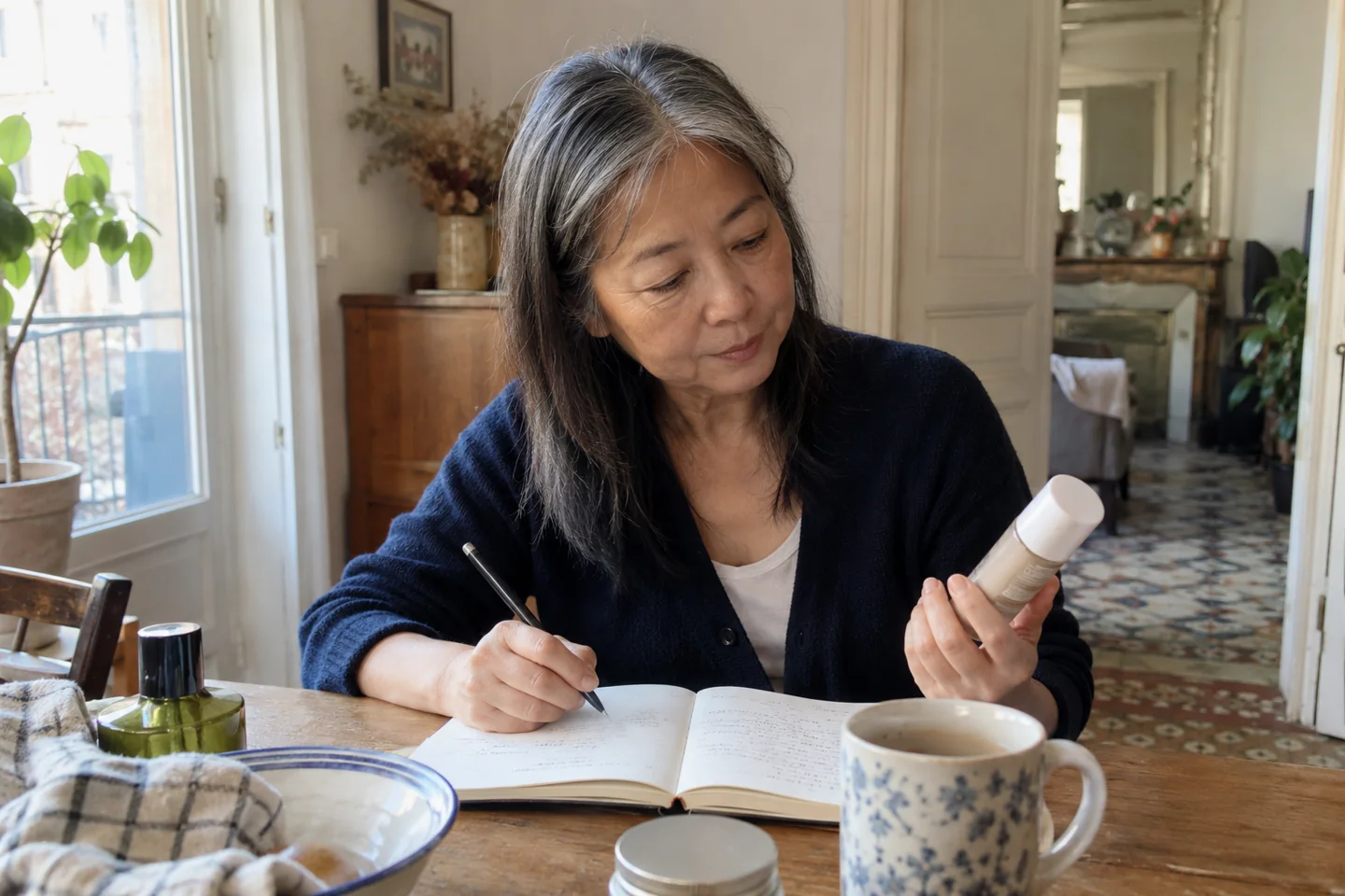 Une femme note la référence d’un nouveau produit