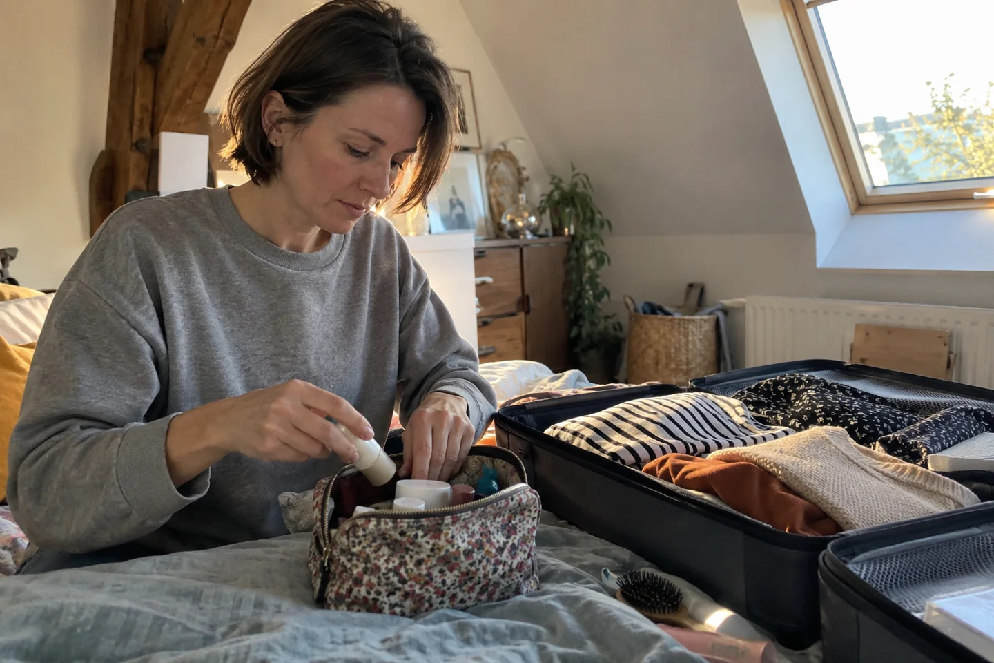 Une femme range une trousse beauté près d’une valise ouverte