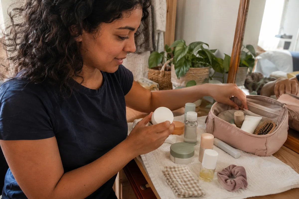 Une sélection de petits contenants et d’accessoires sur une serviette
