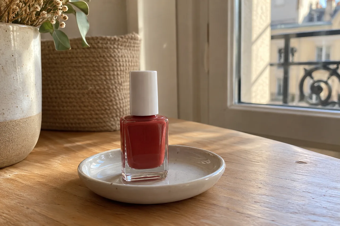 Vernis classique et bouchon sur un plateau.