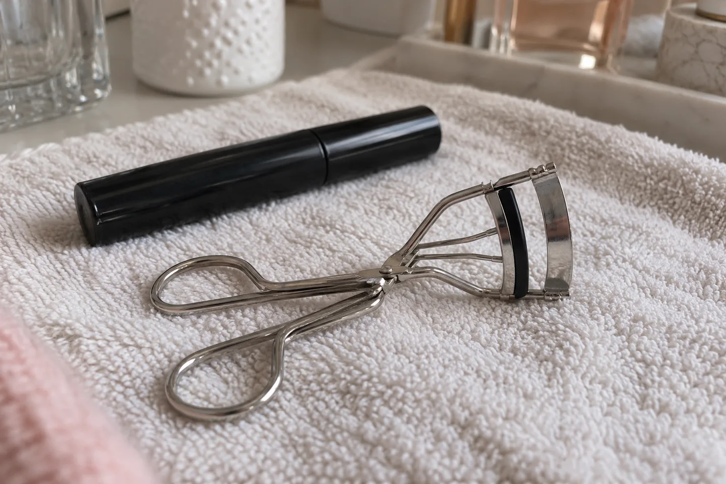 Recourbe-cils mécanique ouvert posé sur une serviette propre, avec le coussinet noir visible.