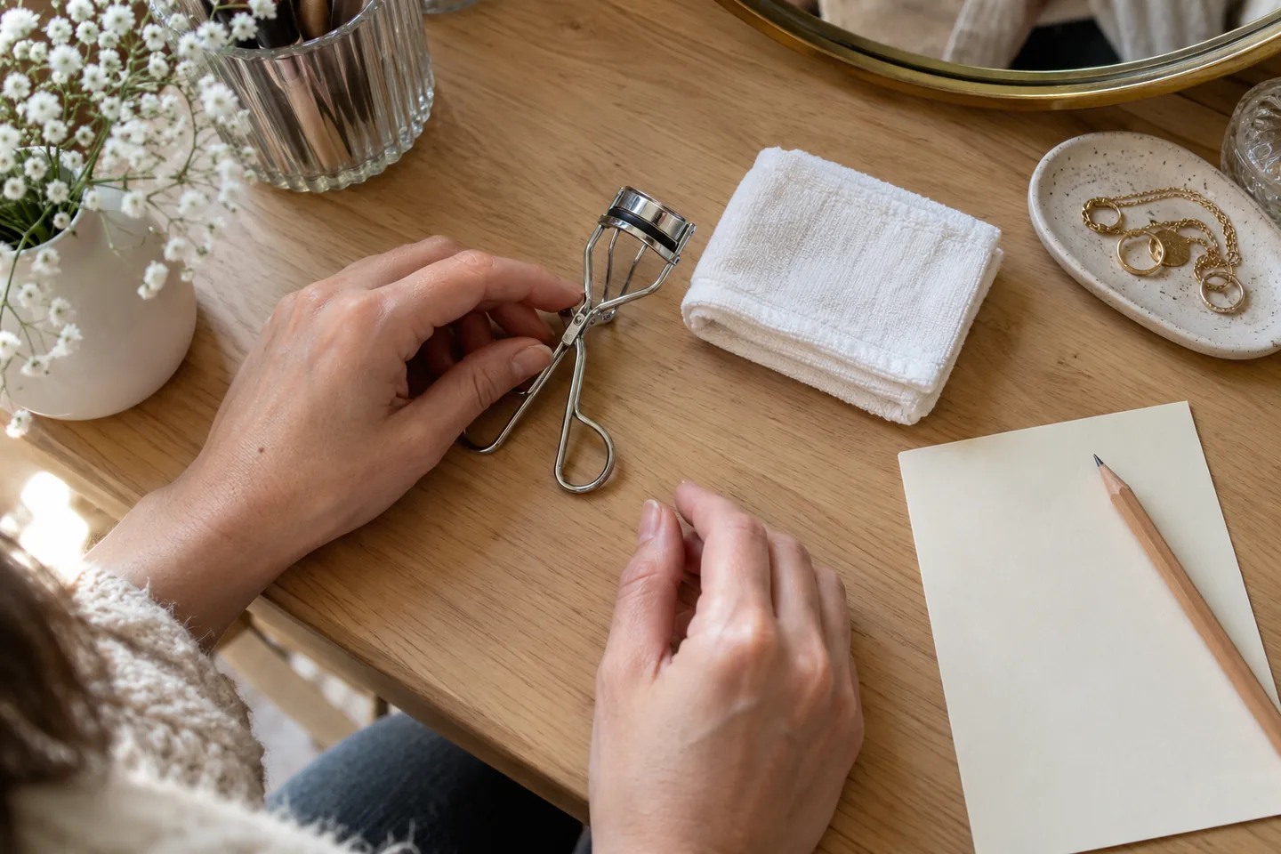 Un recourbe-cils et une fiche de consignes vierge sont posés à côté d’un tissu sec.