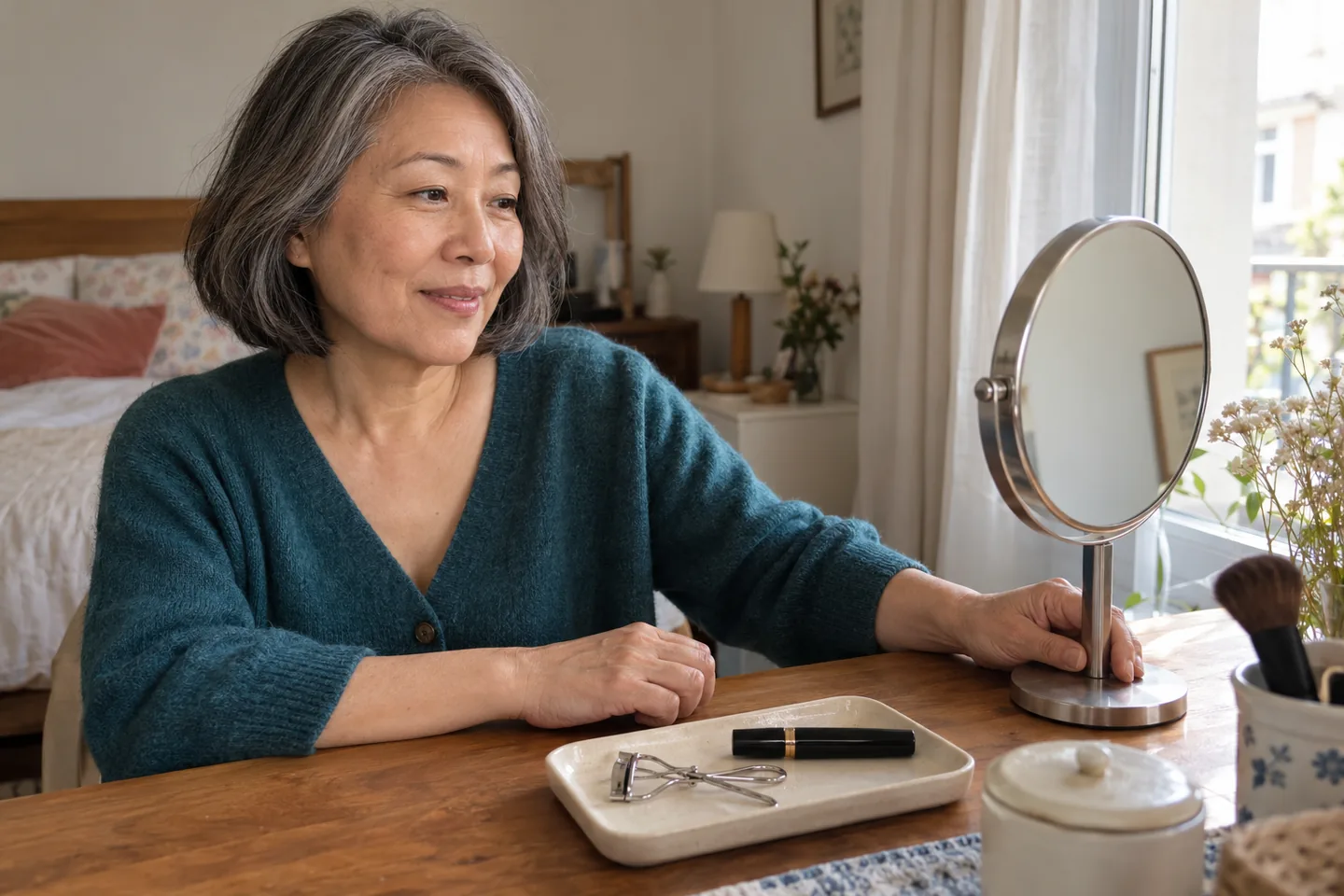 Une femme assise près d’une fenêtre installe son miroir de table avant de se maquiller les yeux.
