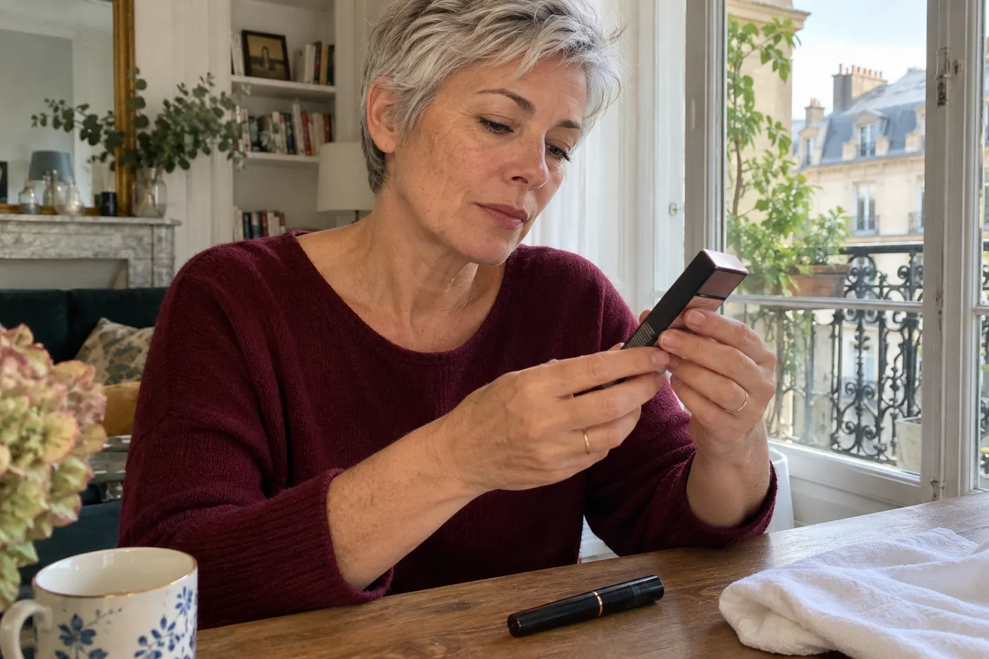 Une femme examine l’emballage d’un mascara à la lumière du jour