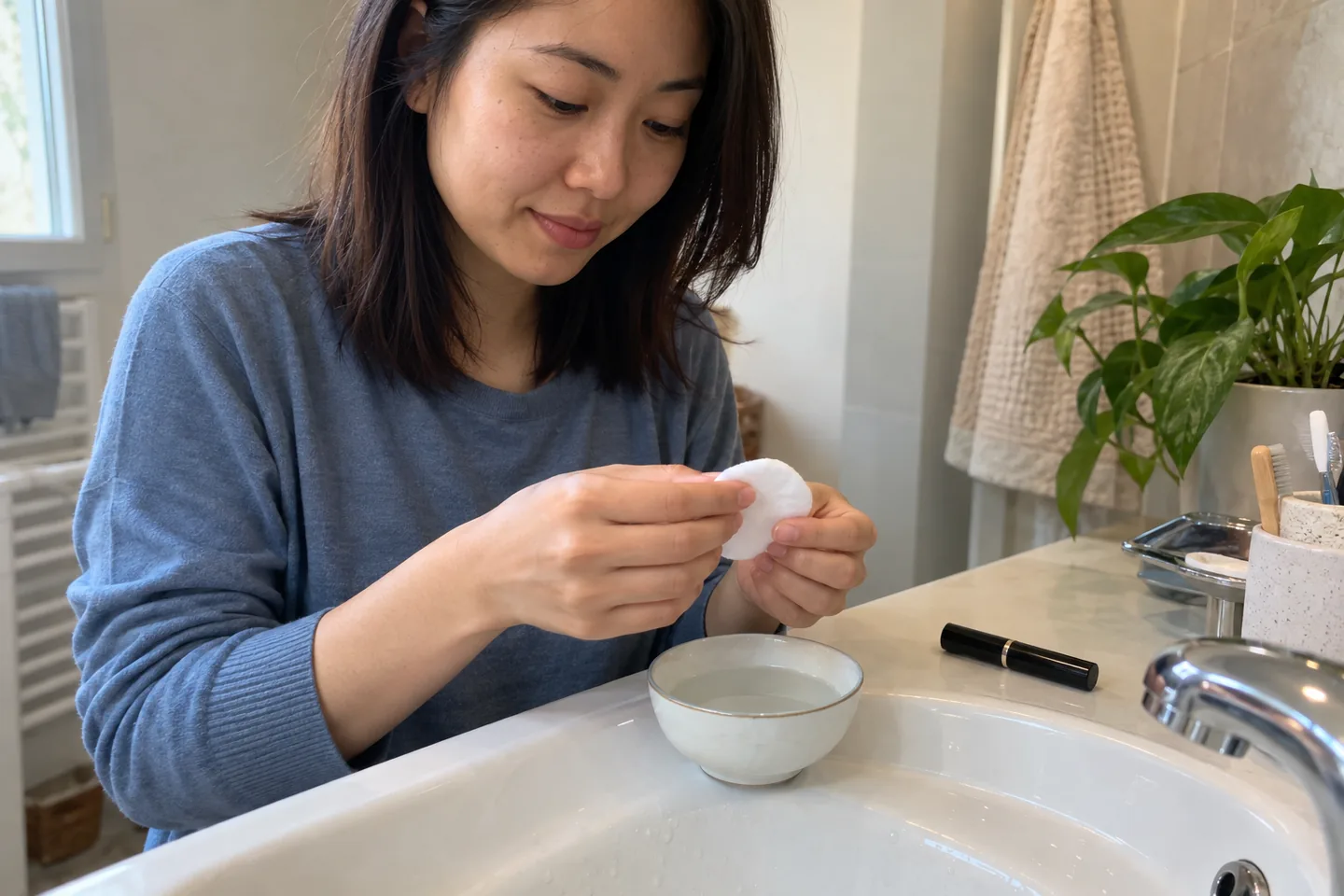 Une femme prépare un support de démaquillage propre près du lavabo