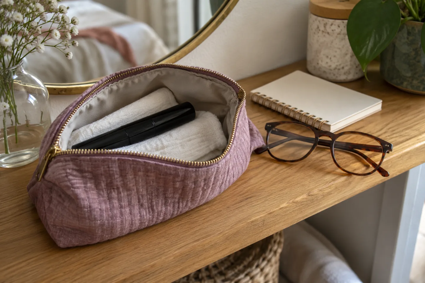Un mascara fermé, des lunettes et un linge propre dans une trousse ouverte